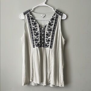 J. Jill Light Aqua Knit Navy Floral Embroidered Sleeveless Tunic Top